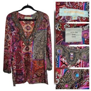 Kareena's California Womens M Hand Embellished Silk Tunic Art To Wear Whimsical